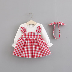 Korean children's clothing wholesale autumn and spring new girls' checkered long-sleeved dress princess dress with hair tie Q067