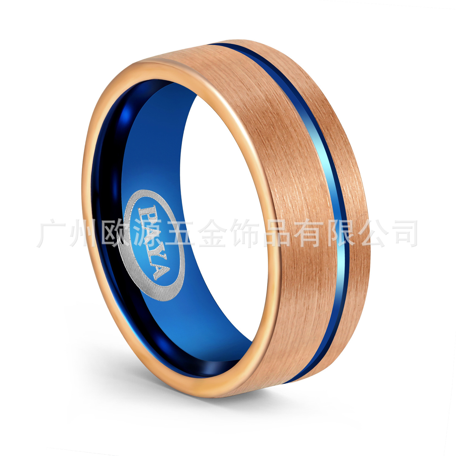 广州欧源工厂直销 钨钢戒指 蓝色玫瑰金拉丝 欧美跨境新款 定制
