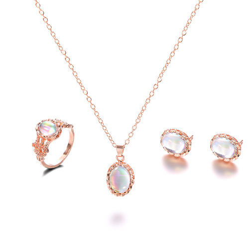 Dazzling gemstone trendy jewelry combination set, fashionable European and American new necklace, earrings, ring set wholesale