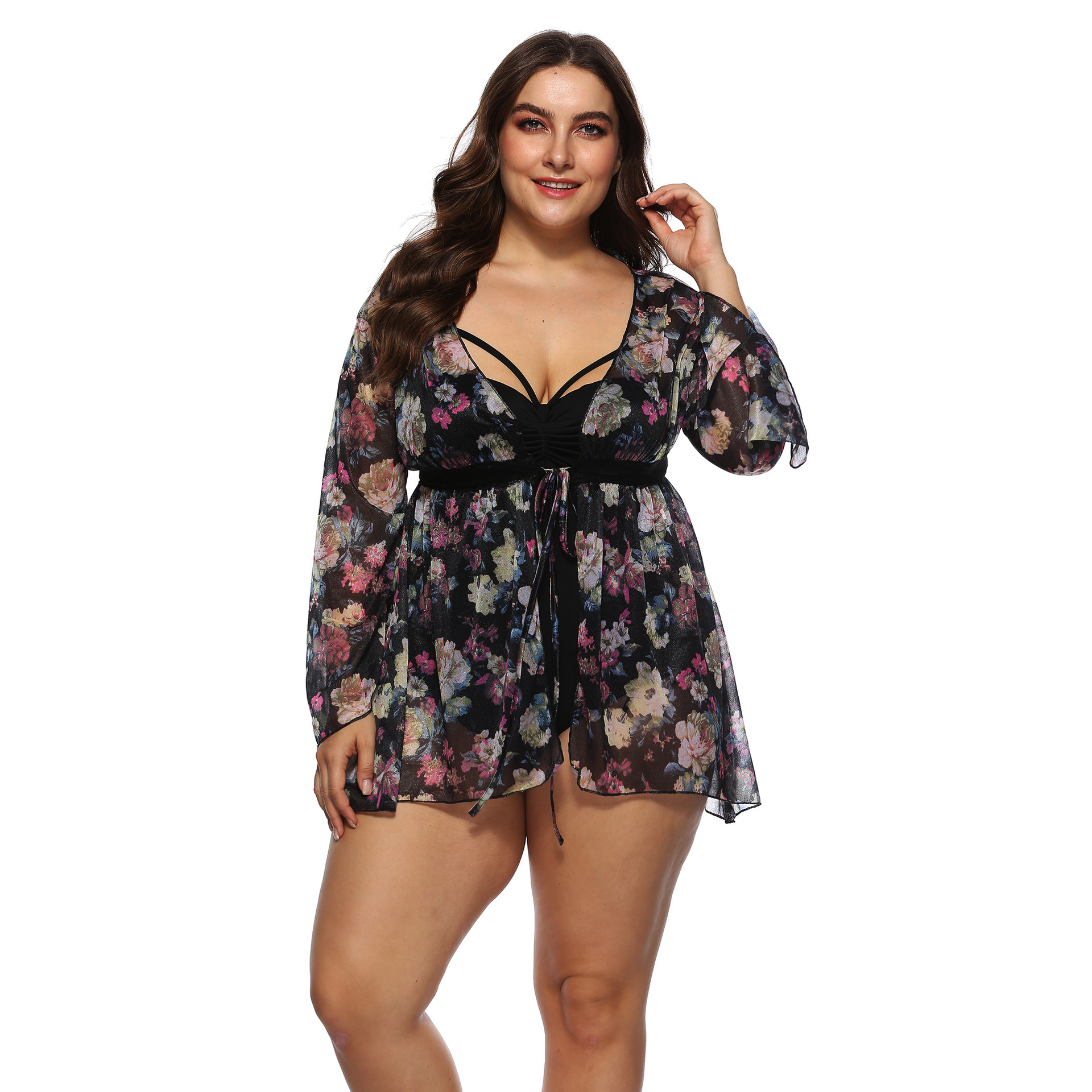 Plus size floral print chiffon mini dress NSOY45991