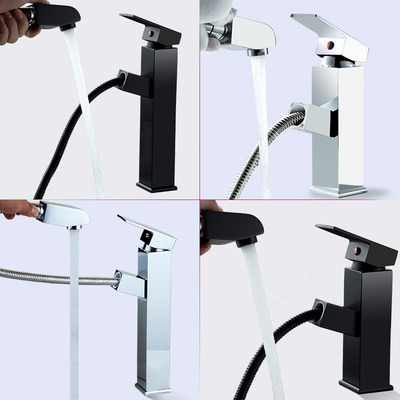 酒店卫生间卫浴黑色龙头四方伸缩冷热混水台盆面盆浴室抽拉水龙头