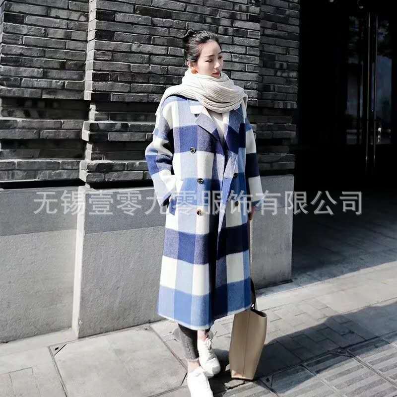 阿尔巴卡韩版中长款宽松羊驼绒大衣双面羊绒大衣女格子羊毛呢外套