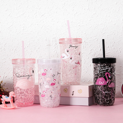 夏日碎碎冰制冷水杯韓國可愛小清新吸管杯子青壹坊火烈鳥凝膠冰杯