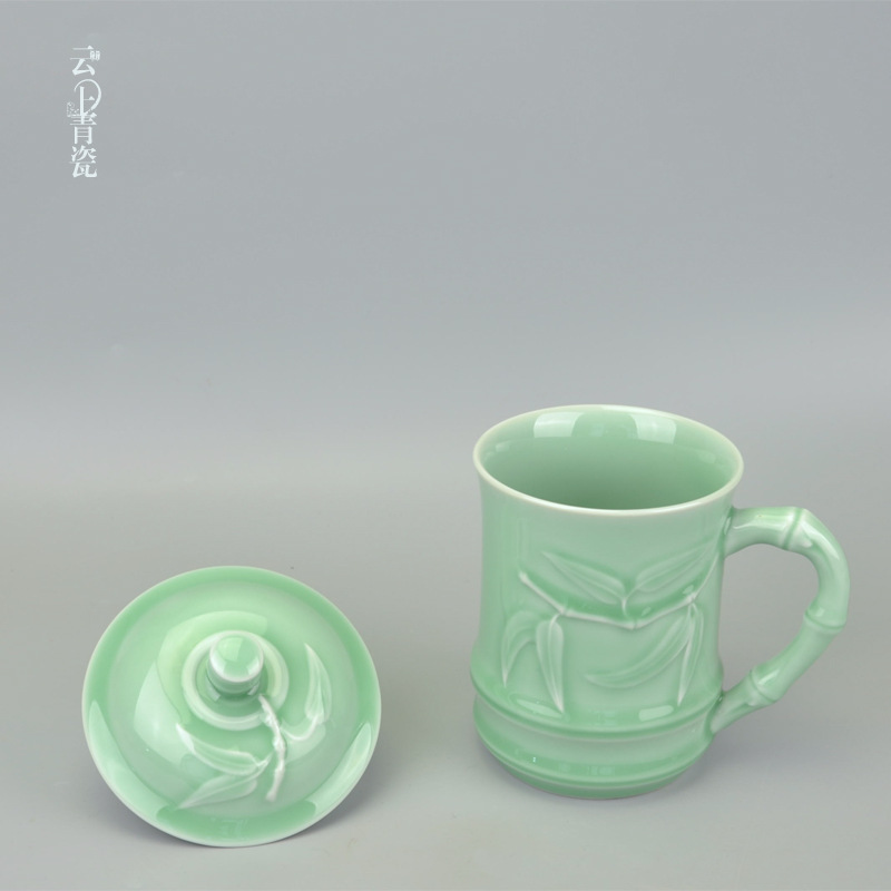 厂家直供 陶瓷茶杯带盖会议杯加LOGO实用礼品杯青瓷马克杯批发