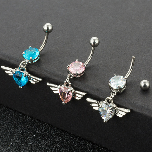 Amazon Wish New Product Angel Wings Feather Zircon Navel Ring Set with Diamonds Heart-Shaped Navel Button Piercing Jewelry