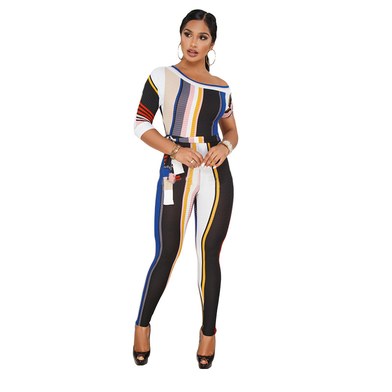 striped sexy mid-sleeve jumpsuit wholesale clothing vendor Nihaostyles NSXYZ68596