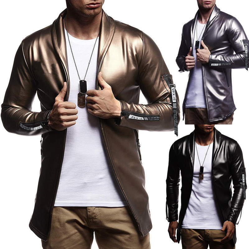 Foreign trade men's spring and autumn new European elastic PU leather zipper motorcycle leather suit men's solid color bright coat