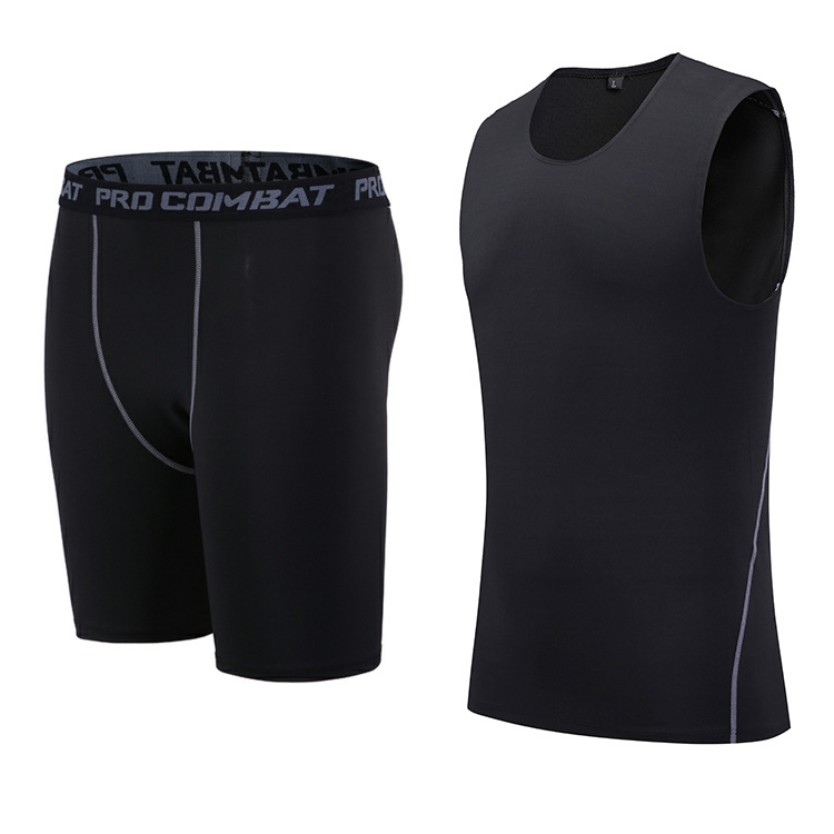 Men's Fitness Suit Quick-drying Sleeveless Running Elastic Sports Vest Shorts Suit Tights Basketball Training Outfit