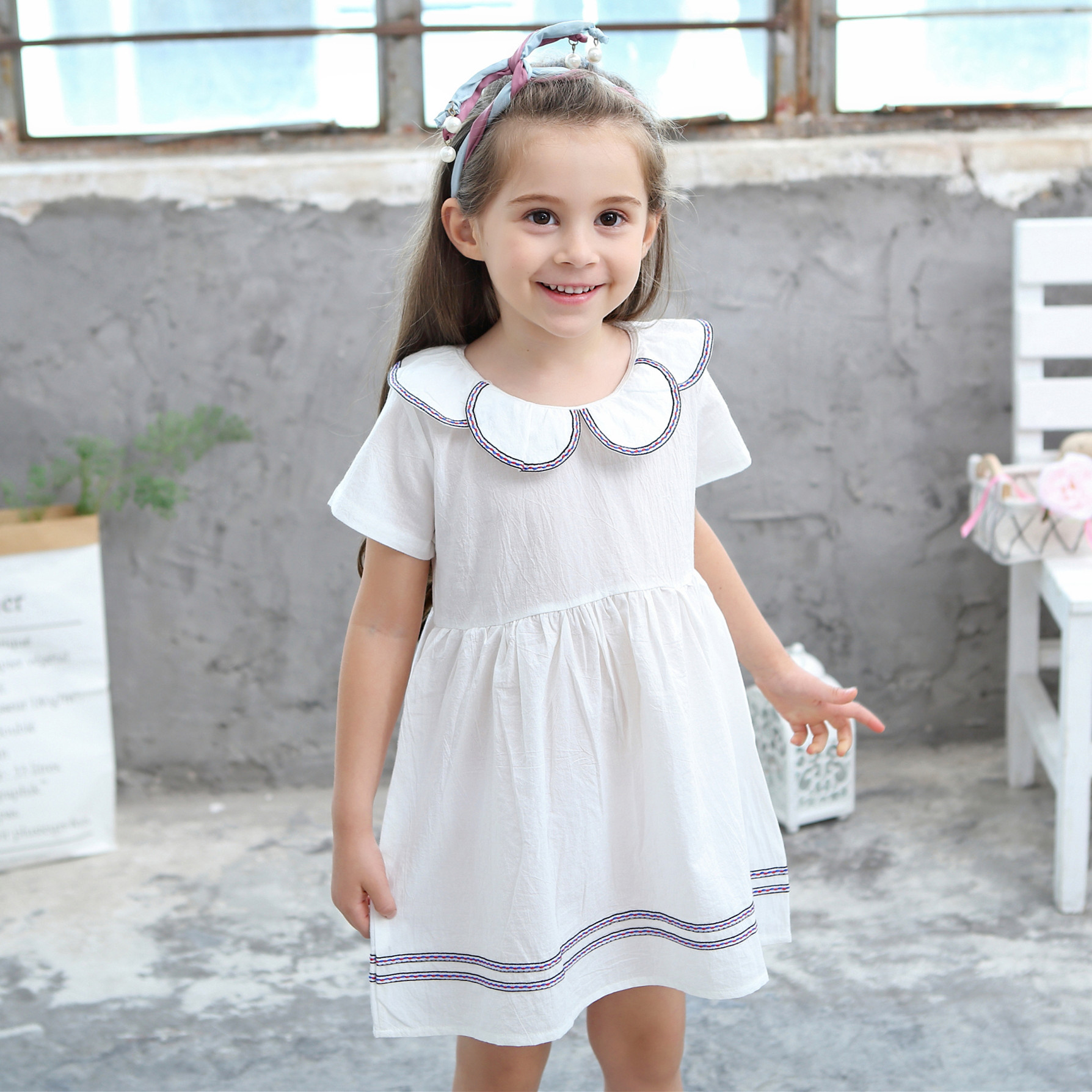 direct deal 2018 Spring and summer Korean Edition new pattern girl pure cotton Petal collar Rainbow Webbing Princess Dress On behalf of