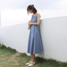 2019 phụ nữ mới phiên bản Hàn Quốc của chiếc váy nữ mùa hè màu rắn v-cổ sling váy khí chất Một chiếc váy chữ trong váy dài 3301 Váy chữ A
