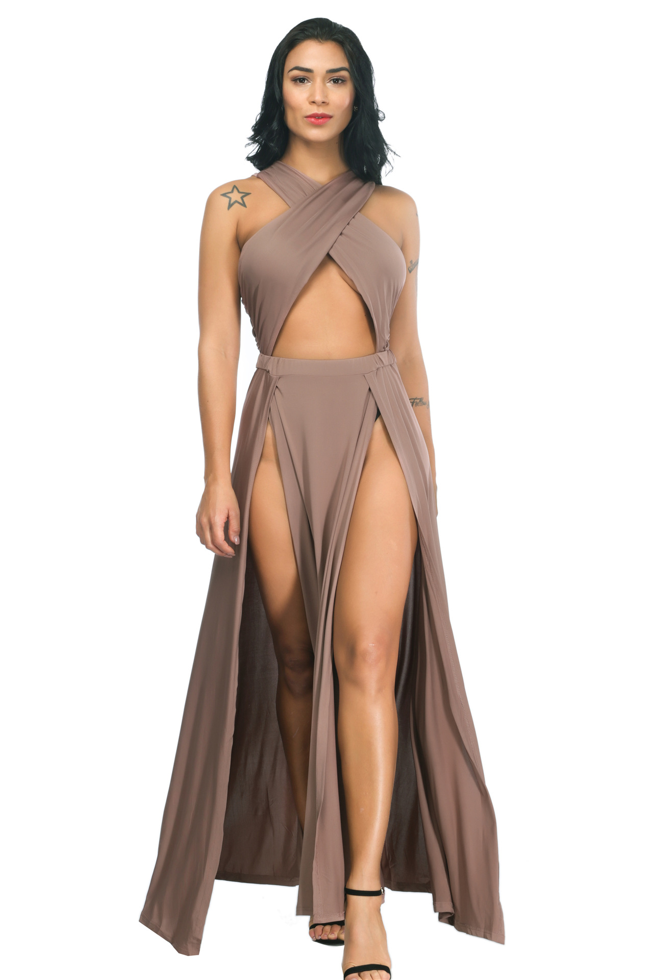 AliExpress ebay new style Foreign trade irregular solid color slit pleated dress sexy evening dress