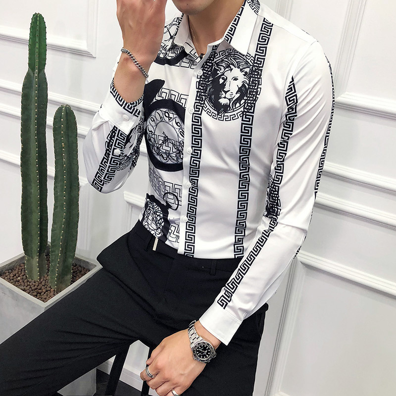 European and American Fashion Long-sleeved Shirt Men's Korean-style Slim-fit Personality Trendy Floral Shirt Asymmetrical Design 2032 Red P5