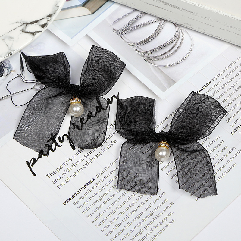 新款韩国蕾丝纱带珍珠蝴蝶结 发夹顶夹边夹发饰品批发丝带蝴蝶结