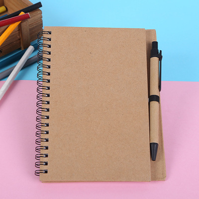 现货牛皮纸线圈本带笔批发定制 笔记本 记事本教育宣传本定制logo|ms