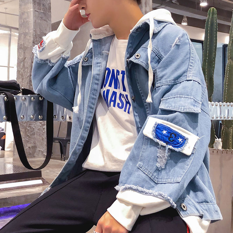 牛仔外套男士春秋季薄款宽松大码韩版学生帅气连帽浅色破洞夹克潮|ms