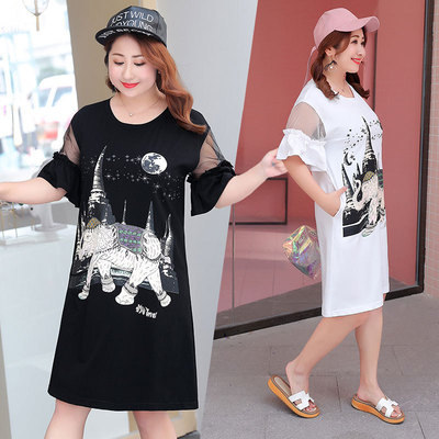 2018夏季都市休闲xxxxl连衣裙 宽松动物涂鸦大码连衣裙代发k411|ru