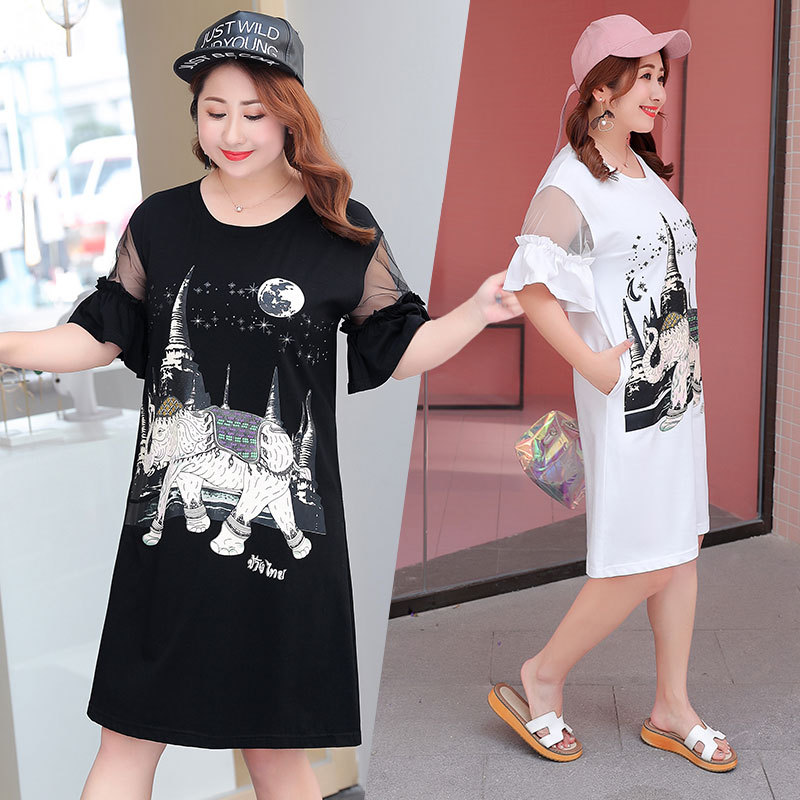 2018夏季都市休闲xxxxl连衣裙 宽松动物涂鸦大码连衣裙代发k411|ru