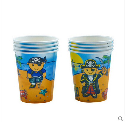 跨境蓝色海盗主题男孩生日派对一次性卡通印花纸杯饮料杯8个装|ms