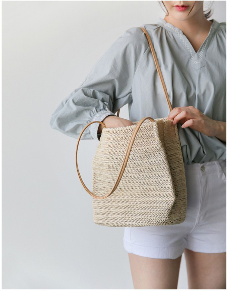 Official Website Same Leisure One Shoulder Straw Woven Bag Ins Summer New All Round Bucket Tote Handbag