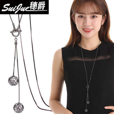 饰品衣饰流苏小球T扣秋冬长款项链女 韩版时尚百搭毛衣链装饰配饰