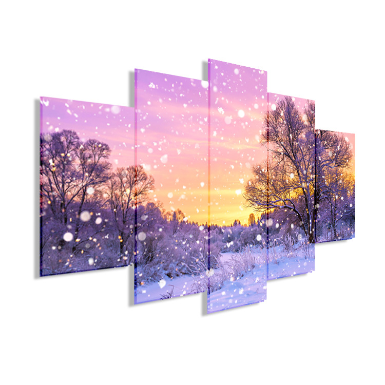 五联画无框油画傍晚雪景客厅装饰组合五拼油画北欧风格装饰墙贴