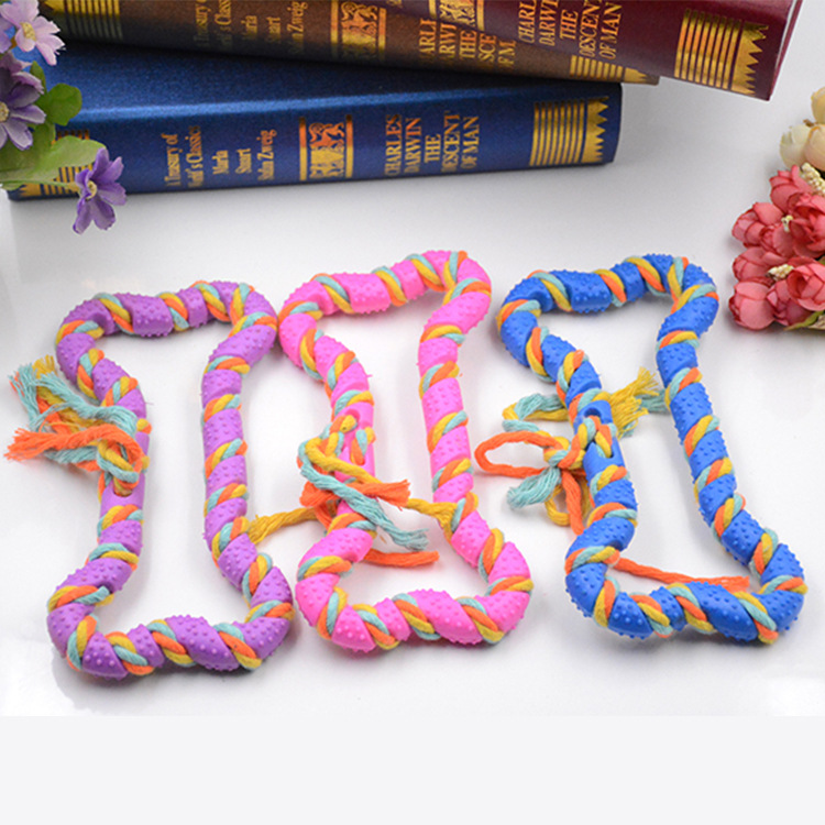 Venta directa de fábrica creativa cuerda de algodón para mascotas juguete anillo de tracción perro de hueso TPR suministros para mascotas en stock al por mayor