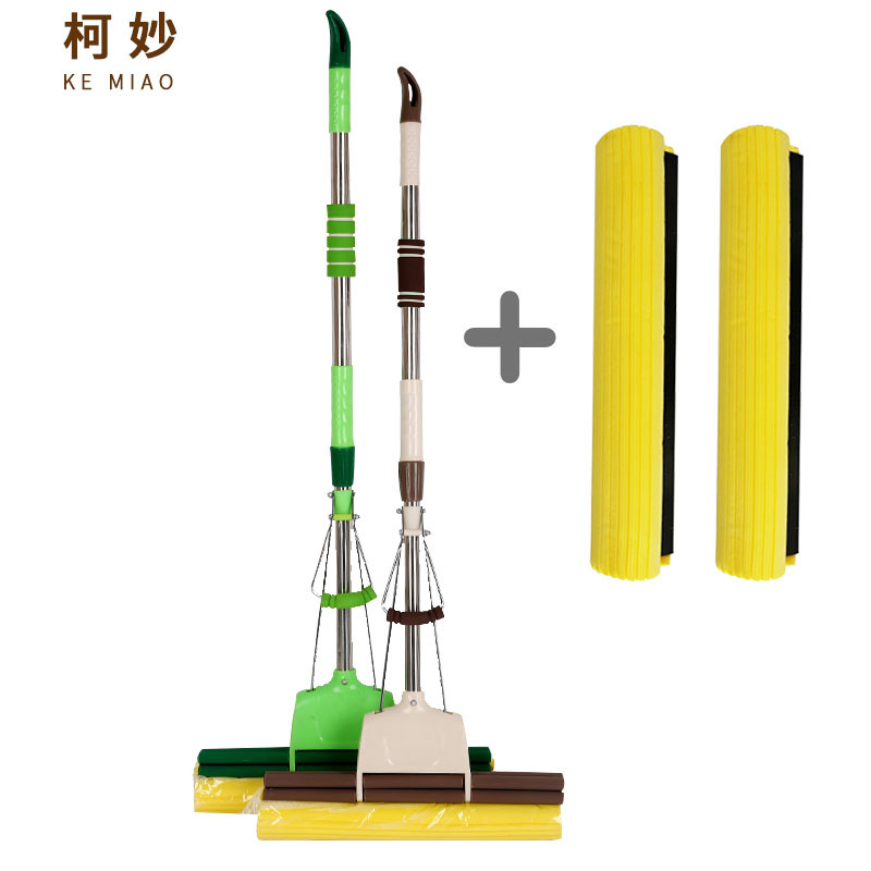 廠家直銷38CM滾輪擠水膠棉拖把不鏽鋼伸縮海綿拖把家用小百貨