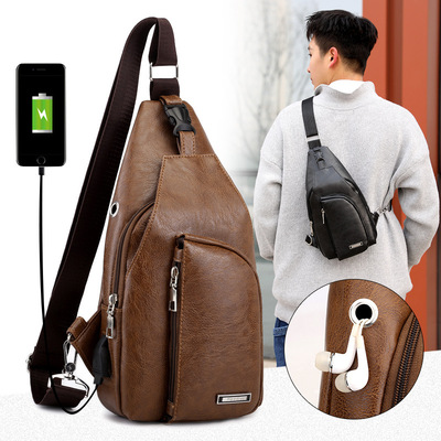 跨境定制pu防水休閑單肩包男士充電包運動男戶外胸包USB斜跨包