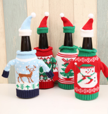 新款高档针织圣诞酒瓶套 毛衣红酒瓶套4款 圣诞啤酒瓶装饰品批发