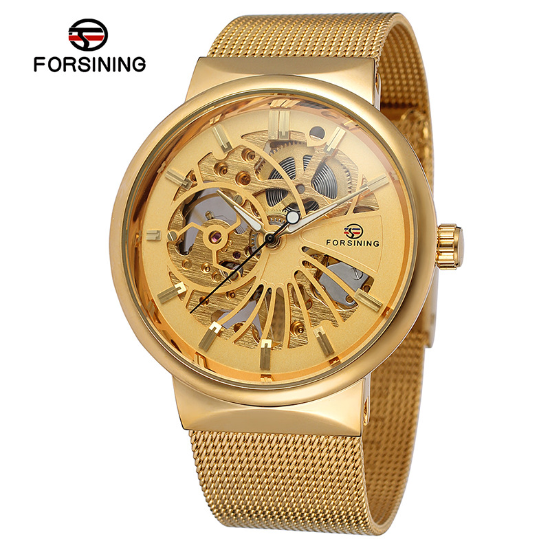 Nuevo reloj mecánico manual de la correa de acero de la moda de los hombres de FORSINING126 hueco-hacia fuera el reloj transparente del diseño para los hombres