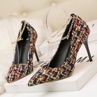 6289-77 small fragrant wind, thin and high-heeled shoes, fine shoes with high heels, and metal chains with single shoes.