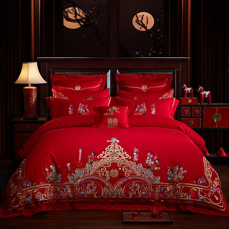 厂家直销 婚庆全棉四件套十件套 纯棉贡缎刺六件套八件套大红绣花