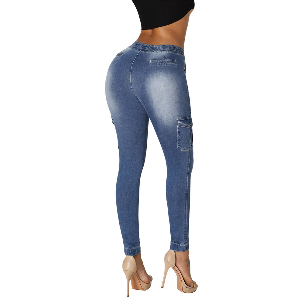 时颖欧美牛仔裤女春秋新款欧版显瘦紧身小脚长裤腰部松紧高腰裤子