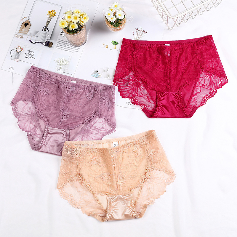 内裤女刺绣蕾丝性感透明火辣女士三角裤中腰纯棉档女生三角裤真丝
