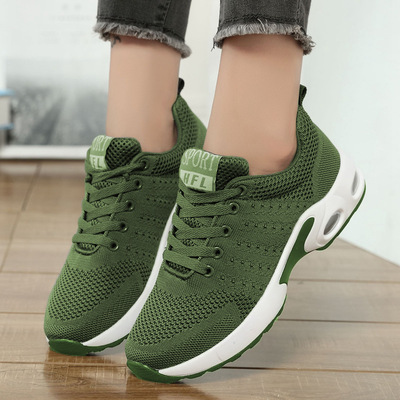 跨境透氣運動鞋男軍綠色飛織鞋軍裝潮鞋迷彩鞋增高氣墊休閑跑步鞋