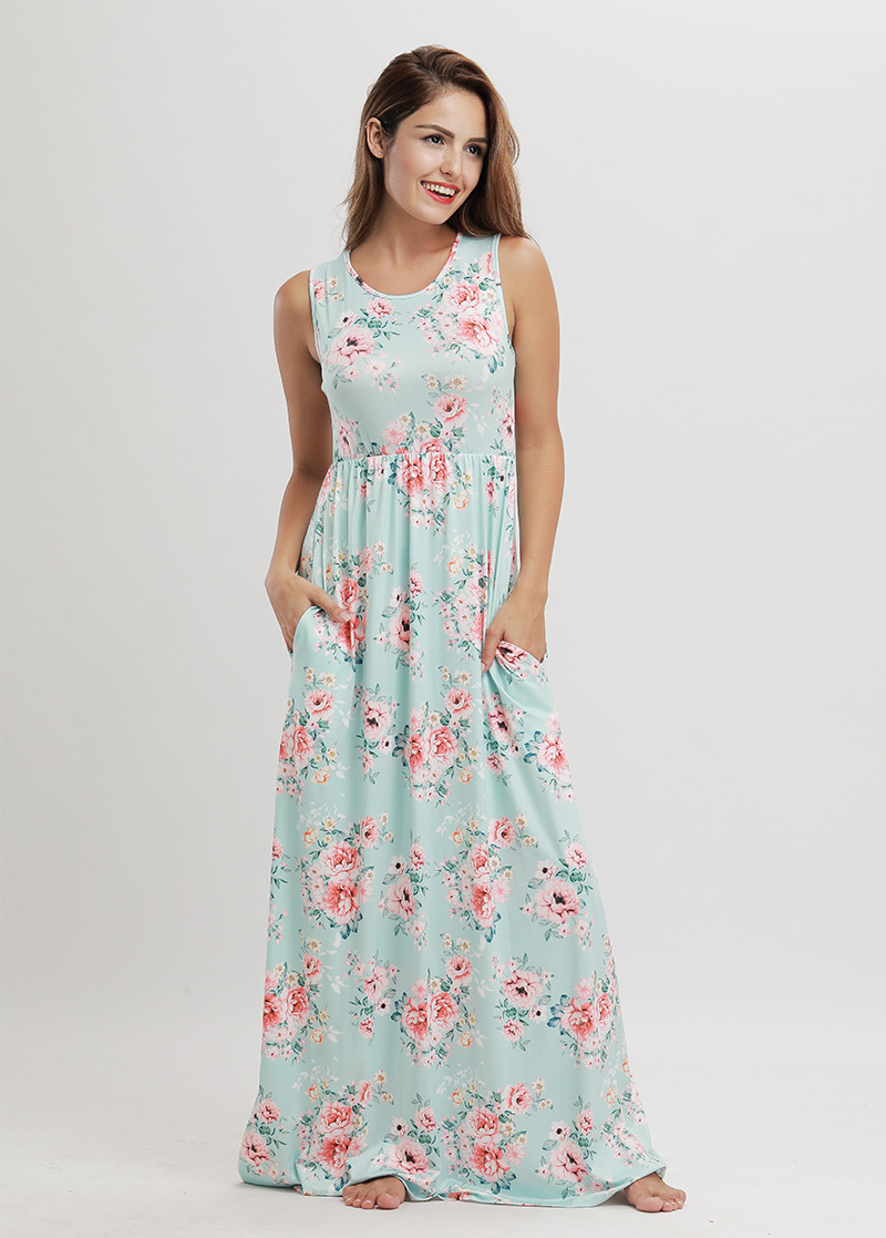 Summer Floral Print Maxi Dress Sleeveless Round Neck Beach Style Wholesale Available custom packaging