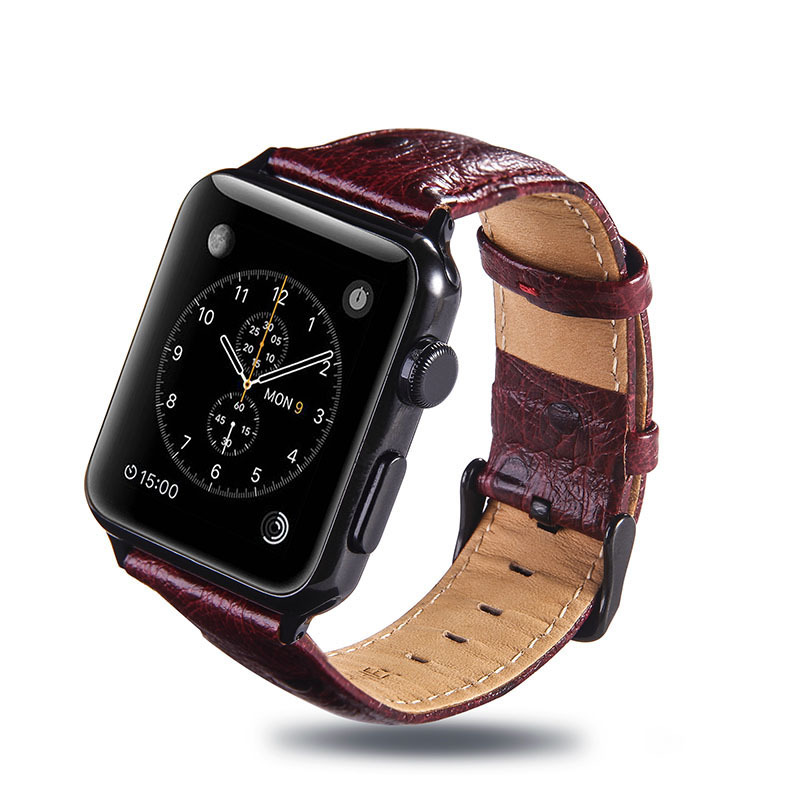 适用apple watch真皮表带适用苹果牛皮带新款鸵鸟纹1/2/3代替换表