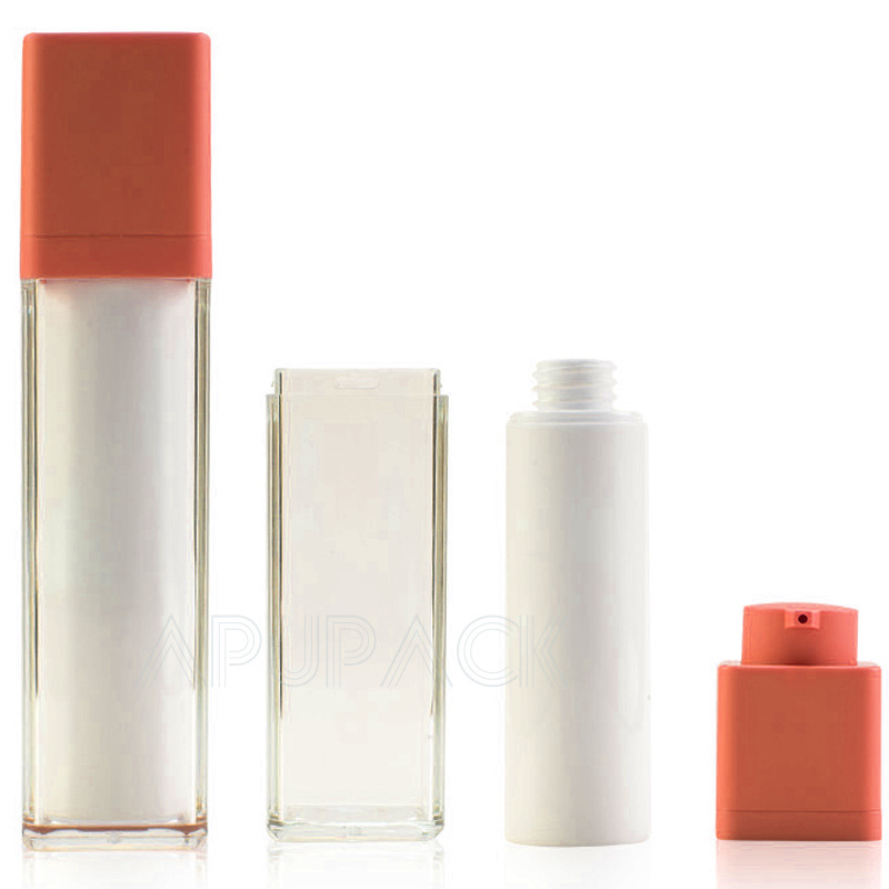 爆款四方形亚克力真空瓶50ml 橘色压瓶精华液瓶30ml 专业logo
