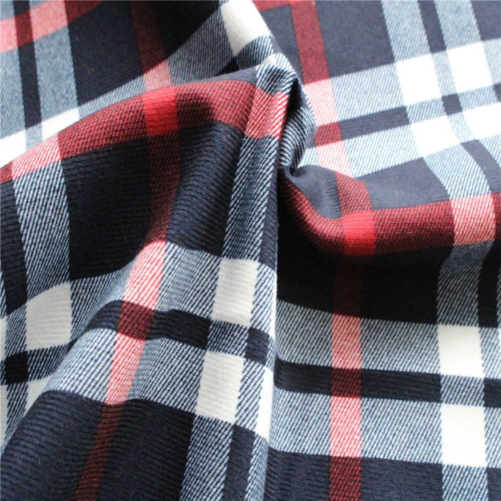 75144单面经编仿棉绒印花男式格子衬衫面料染色经编