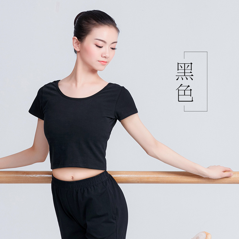 Ropa de baile para adultos nueva práctica deportiva superior ombligo camiseta negro manga corta yoga fitness Jazz Ropa de baile image 7
