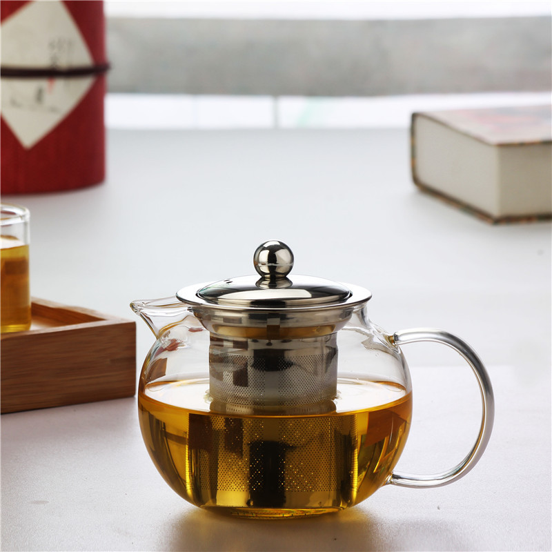 厂家耐热玻璃茶壶圆圆钢漏壶压嘴透明玻璃壶大容量玻璃茶壶圆圆壶