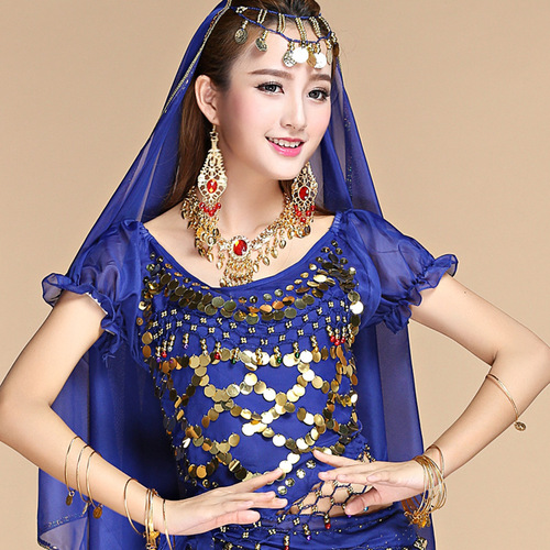Belly dance tops Indian dance clothing practice clothes tops sequin puff short sleeves straps