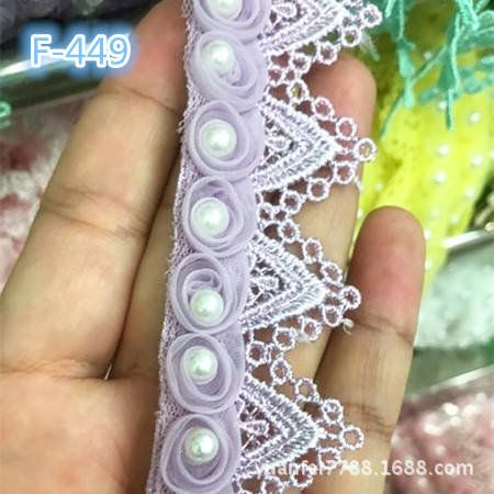 F-449涤纶丝水溶波浪三角刺绣小玫瑰盘带花朵钉珠花边新版辅料