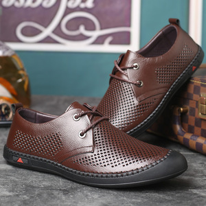 秋季新款男士浅口休闲真皮单鞋夏季镂空系带透气商务正装皮鞋男