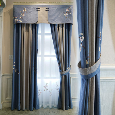 柯桥窗帘 新中式拼接绣花遮光窗帘布料 窗帘成品定制客厅卧室|ru
