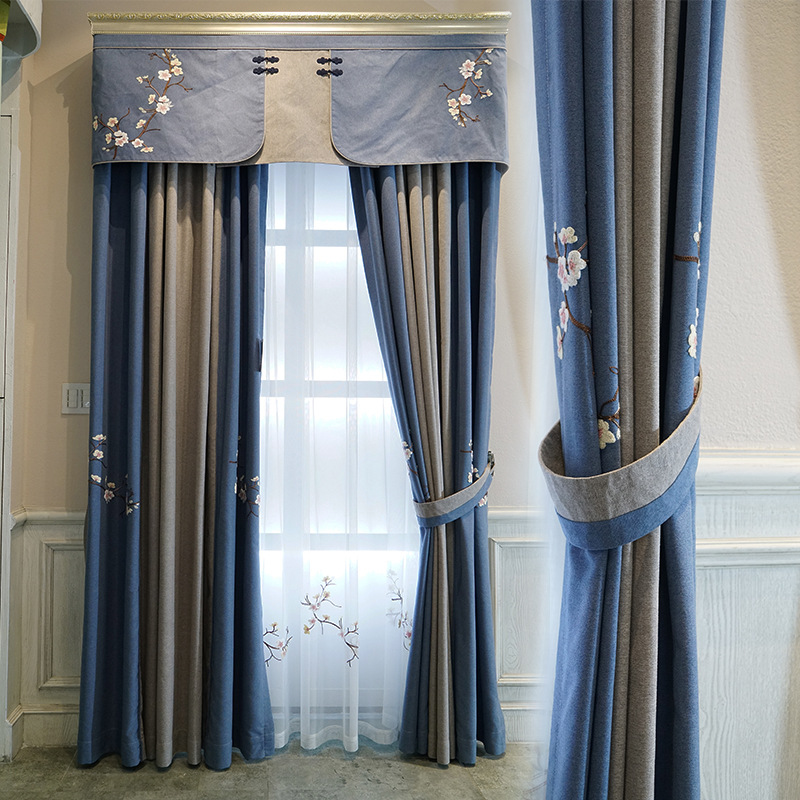 柯桥窗帘 新中式拼接绣花遮光窗帘布料 窗帘成品定制客厅卧室|ru