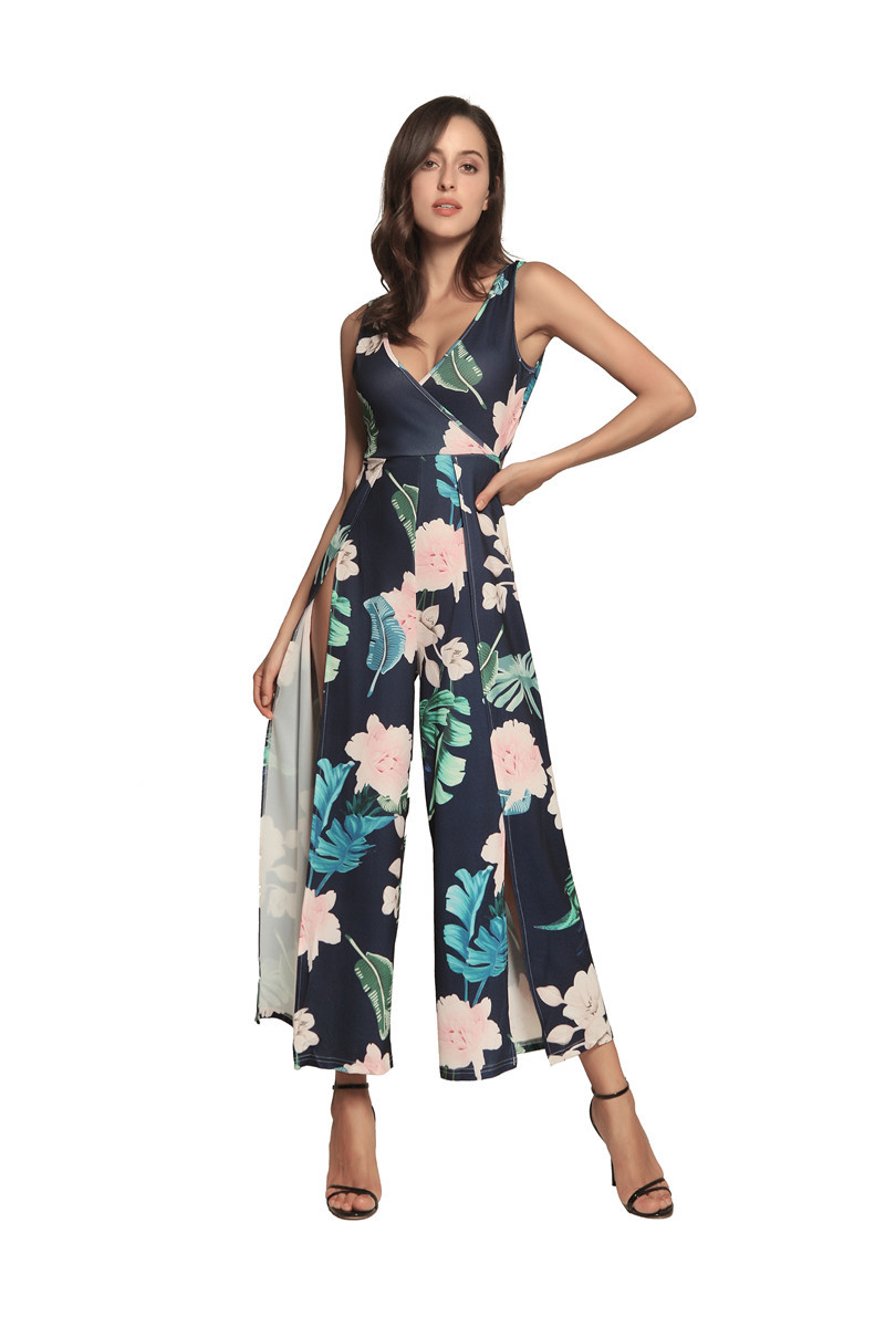 new digital print strapless V-neck jumpsuit NSDY22761