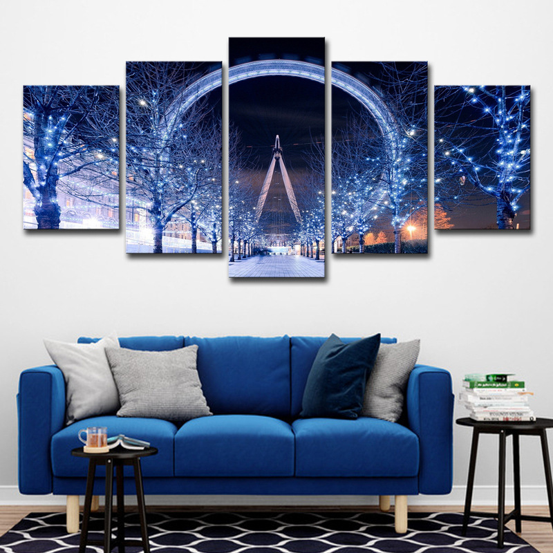Cross border lazada cross border home decoration pictures 5 panel Ferris wheel London city scene wall art