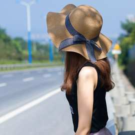 新款韩版潮夏季女士户外旅游蝴蝶结波浪草帽便于携带可折叠太阳帽