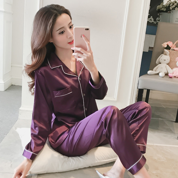 Más el tamaño de seda artificial pijamas de las mujeres de primavera y otoño estilo coreano casual pequeña solapa cardigan Home Wear de manga larga dulce traje 5XL